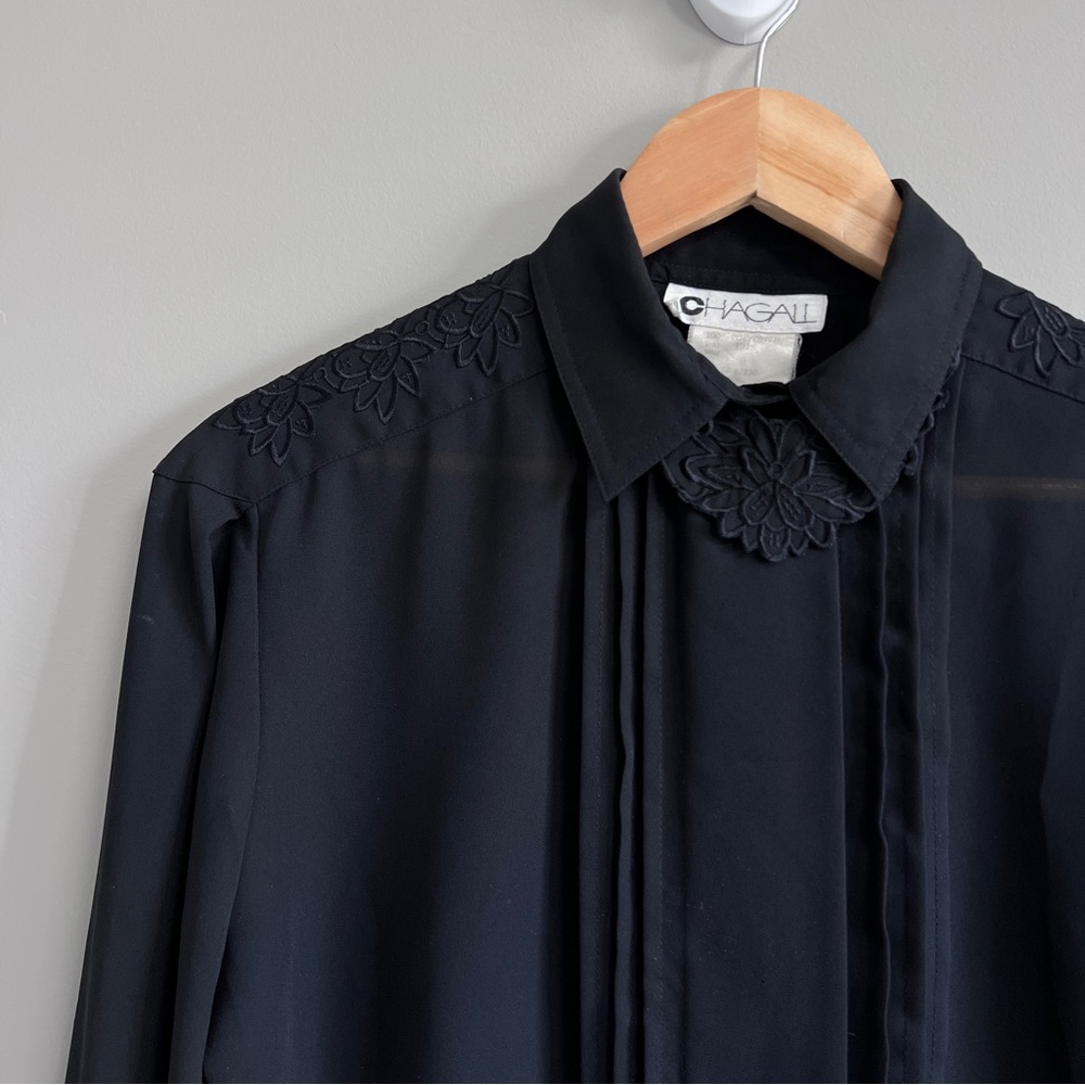 Vintage Chagall Black Sheer Pin-Tuck Blouse with Embroidered Yoke - Picture 5 of 7